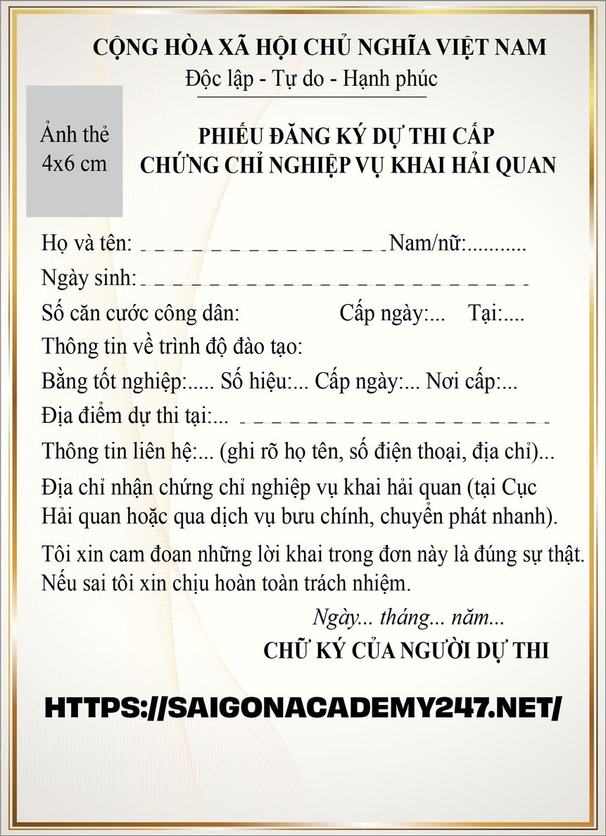 Phiếu đăng ký dự thi chứng chỉ hải quan
